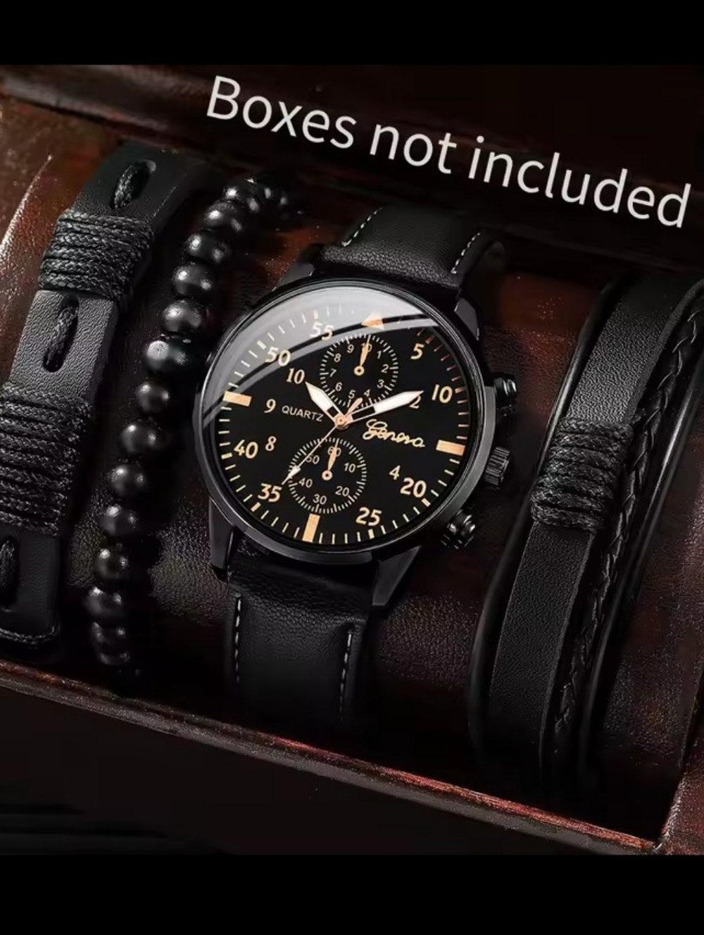 Men's Watch Bracelets Set Leather Braided Layered Brown Geneva New G5